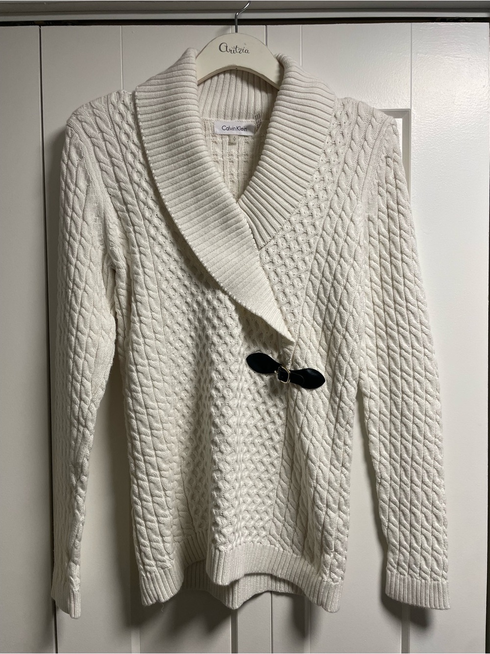 Calvin Klein Cable Knit Shawl Collar Toggle Pullover Sweater Chunky Preppy Prep
